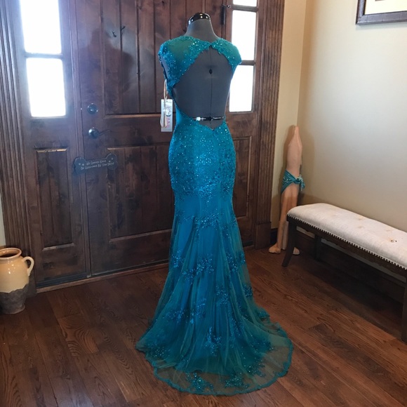 🔥JOVANI Teal Blue Jewelled Lace Prom Gown! NEW! - Picture 7 of 8